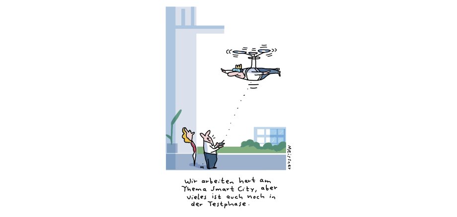 Zwölf Cartoons von Dirk Meissner zeigen in den kommenden Monaten unterhaltsam die Ideen hinter „Smart City“ auf.