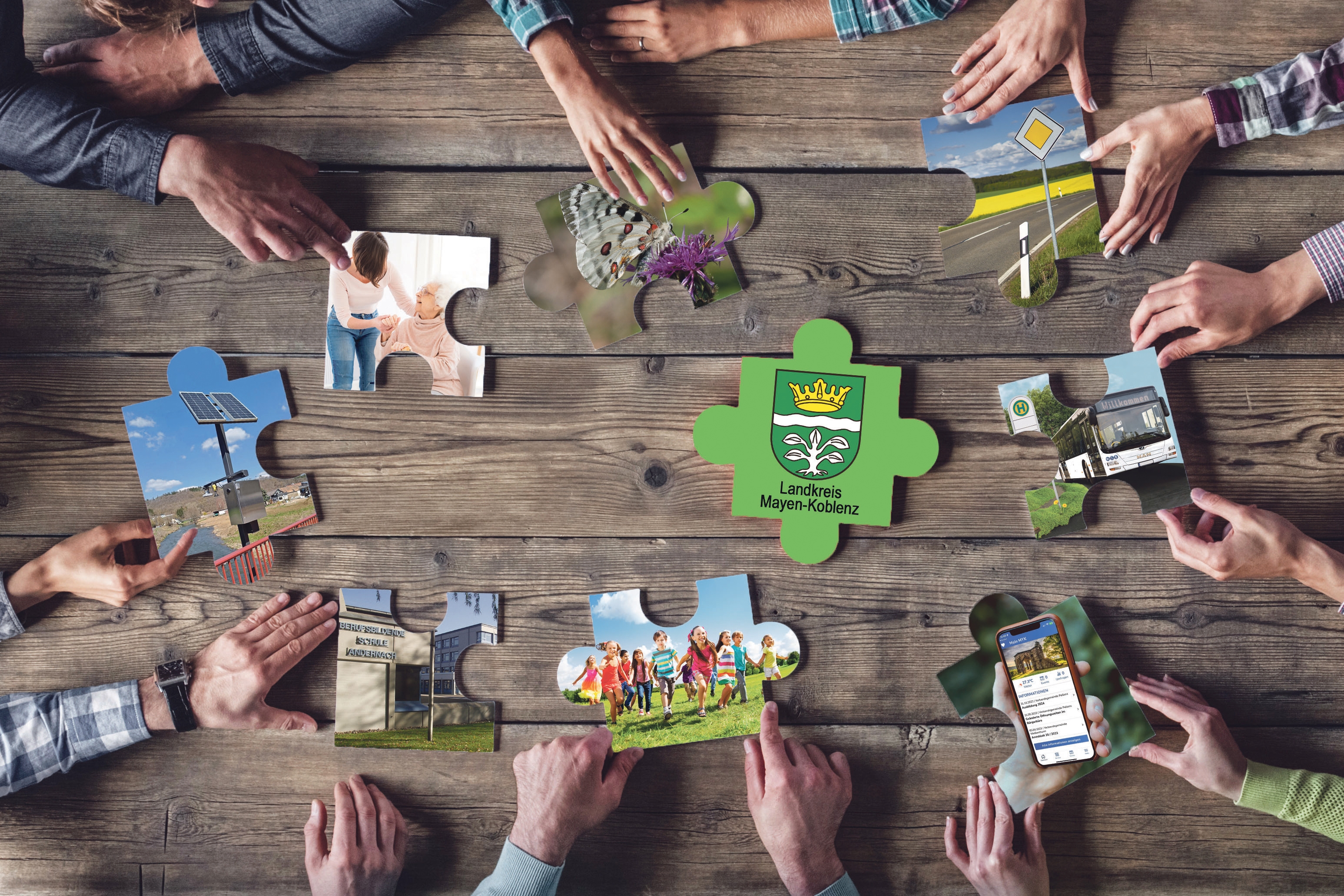 So wie ein großes Puzzle, so setzt sich auch der Haushalt des Landkreises Mayen-Koblenz aus vielen kleinen Teilen zusammen. Auch für das Haushaltsjahr 2024 sind unter anderem Investitionen beziehungsweise Ausgaben in den Bereichen Straßenbau (rechts oben, weiter im Uhrzeigersinn), ÖPNV, Digitalisierung/MYK10, Kitas, Kinder und Jugendliche, Schulen, Katastrophenschutz, Soziales und Pflege sowie Umwelt- und Klimaschutz vorgesehen. 