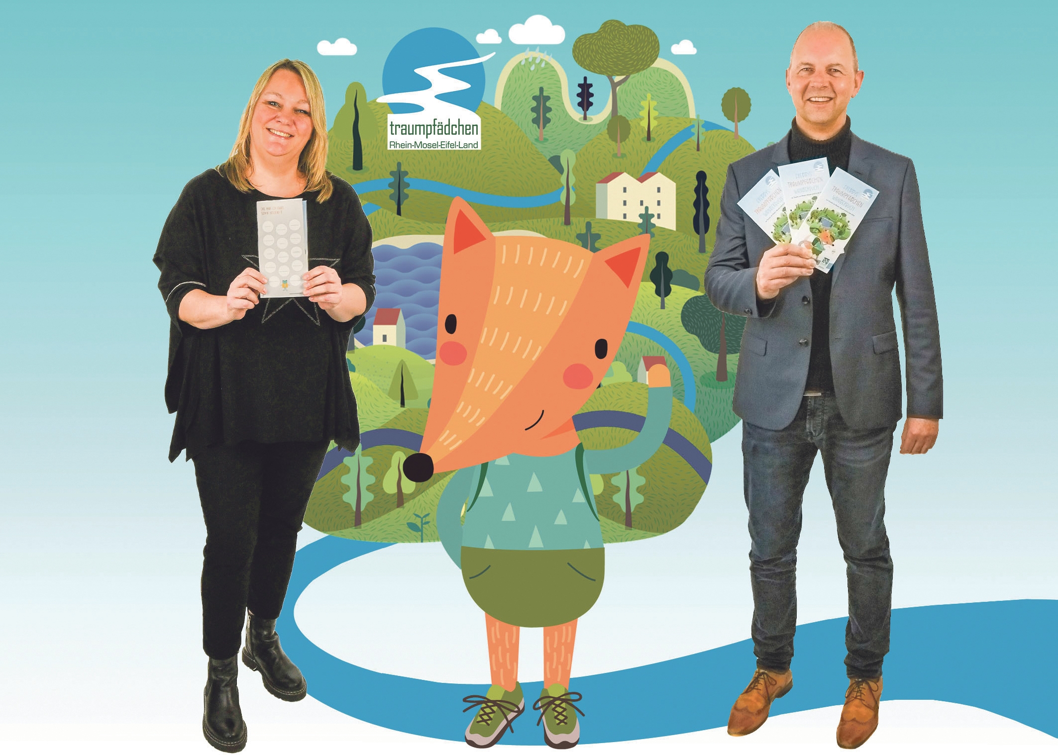 Gemeinsam mit Freddy Fuchs freuen sich Nicole Pfeifer und Michael Schwippert von der REMET auf viele junge Entdecker auf den Traumpfädchen. 