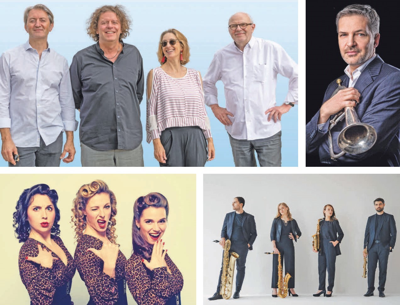 Wenn die Band Frankfurt Jazz Trio (1) auf die herausragende Jazzsängerin Eva Mayerhofer (1) und den exzellenten Trompeter Ralf Hesse (2) trifft, ist ein Konzerterlebnis der Extraklasse garantiert. 