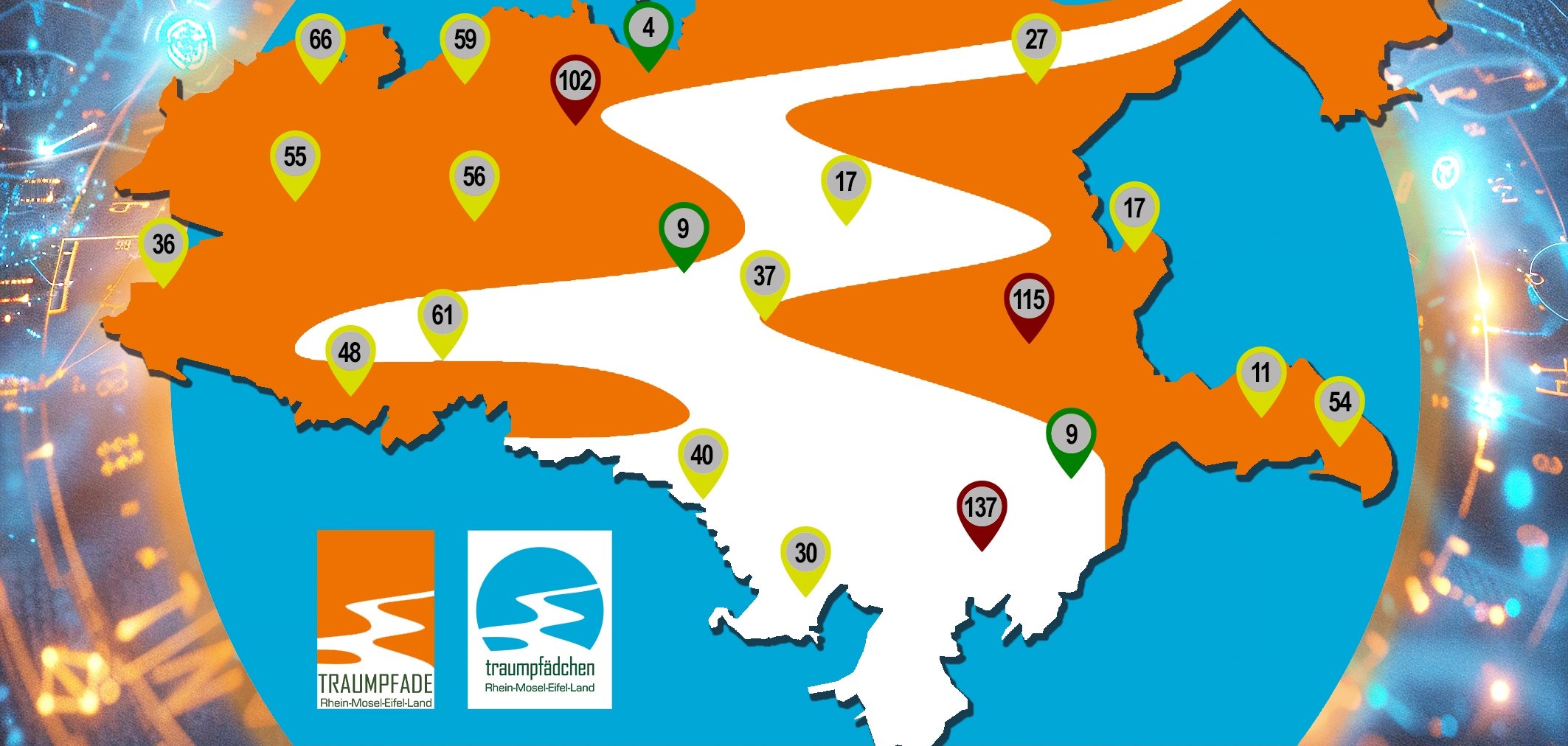 1.158 Markierungs- und Wegweiserpfosten mit mehreren Tausend Schildern sorgen dafür, dass sich die Traumpfade- und Traum-pfädchen-Wanderer nicht verlaufen. Mithilfe des digitalen Wegemanagements hat man ähnlich wie auf dieser Abbildung sofort alle Markierungen und deren Zustand im Blick.