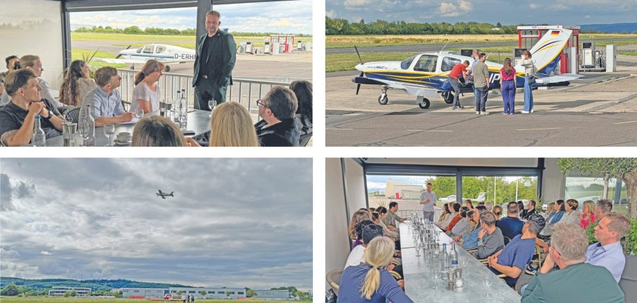 Im Uhrzeigersinn: Landrat Marko Boos (stehend) freute sich über die rege Teilnahme beim Netzwerktreffen der Medizinstudierenden. Diese konnten nicht nur aus der Luft erleben, wie schön und lebenswert MYK ist, sondern erhielten auch viele Tipps rund um das PJ im Kreis. Dabei bot der Flugplatz Winningen eine eindrucksvolle Kulisse. 
