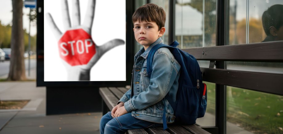 A Somber Wait: Lonely Boy with a Backpack at an Urban Bus Stop A Somber Wait: Lonely Boy with a Backpack at an Urban Bus Stop