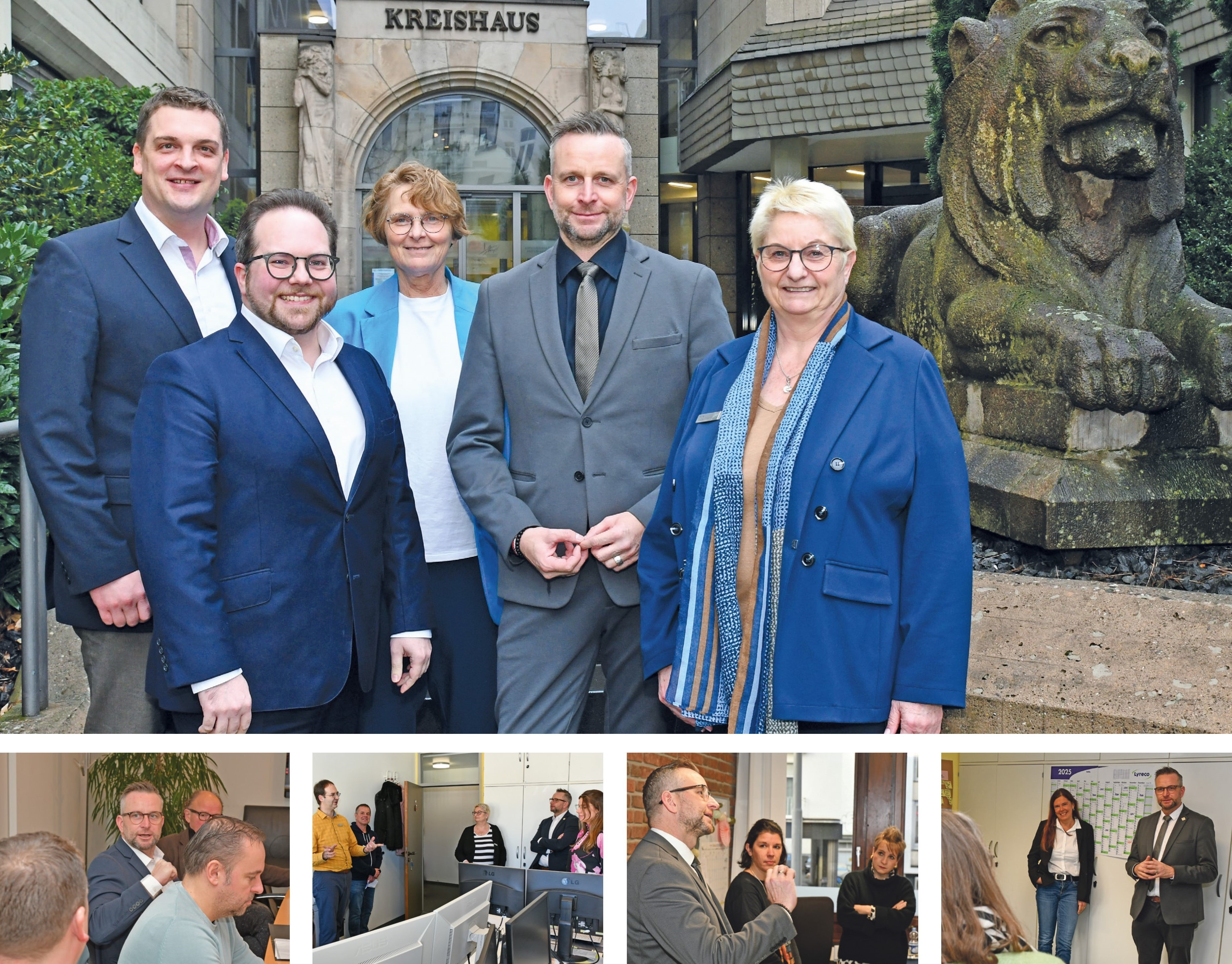 Zu seinem Amtsantritt wurde Landrat Marko Boos (oberes Bild, 2.v.r.) vom Ersten Kreisbeigeordneten Pascal Badziong (2.v.l.), Büroleiterin Petra Kretzschmann (rechts) sowie der Personalratsvorsitzenden Heike Breitbach und Martin Gasteyer, Leiter der Stabsstelle „Büro Landrat“, im Kreishaus begrüßt. Die weiteren Bilder (von links nach rechts) zeigen den Landrat bei seiner ersten Kreisvorstandssitzung sowie bei seinen ersten Besuchen in den Abteilungen und Referaten der Kreisverwaltung. 