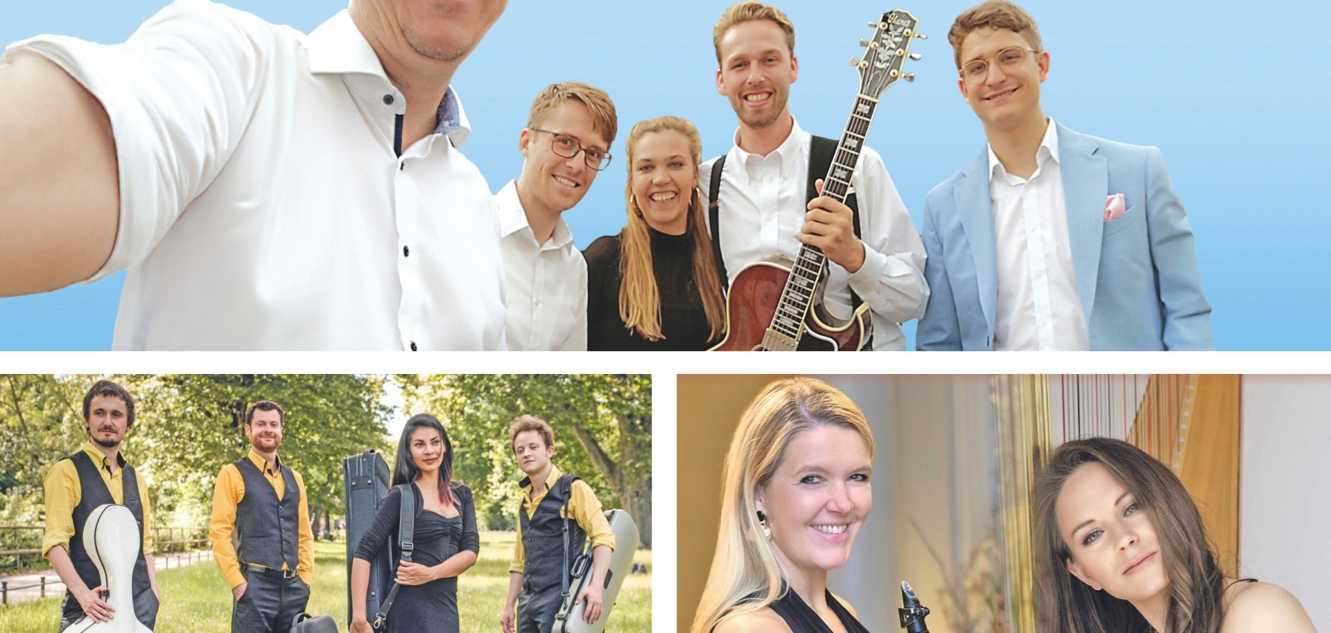 Wenn Chris Hopkins (von oben im Uhrzeigersinn) auf die herausragenden Künstler der Young Lions trifft, ist ein Konzerterlebnis der Extraklasse garantiert. „Les Fantastiques“ entführen die Zuhörer in der Kirche auf dem Bleidenberg in die Klangwelt der Natur. Das Feuerbach Quartett liefert auf Burg Namedy nicht nur eine Neudefinition der Kammermusik, sondern auch ein wahres Klang-Multiversum – hierbei wechseln sich dynamisch interpretierte Werke von Brahms, Britten und den Beatles ab.