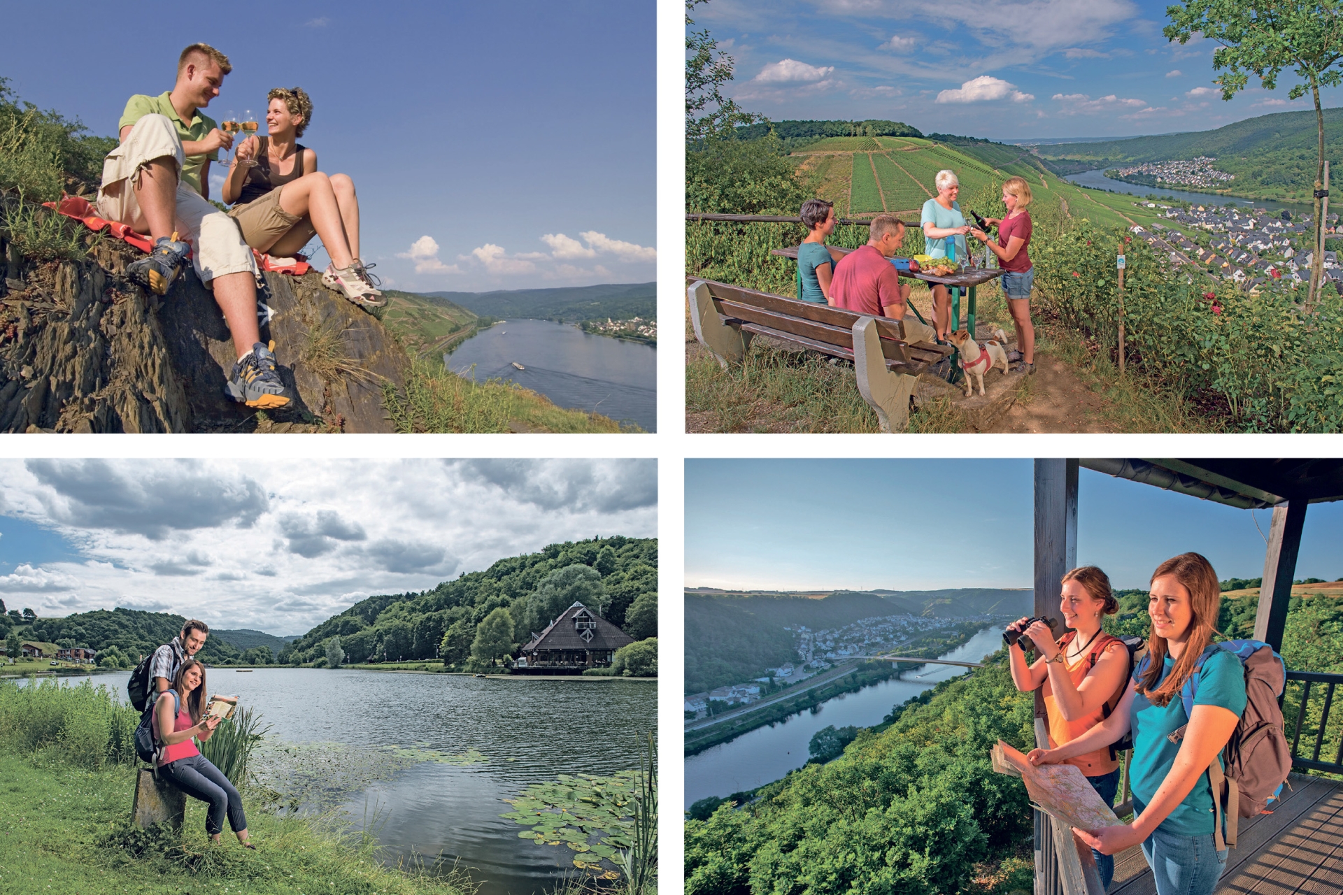 So wie die Traumpfade „Rheingoldbogen“ (links oben) und „Waldseepfad Rieden“ (links unten) sowie die Traumpfädchen „Moseltraum“ (rechts oben) und „Niederfeller Schweiz“ (rechts unten) bieten alle Premiumwanderwege im Rhein-Mosel-Eifel-Land naturnahe Pfade mit Ausblicken und Ruhe entlang der Strecke.   
