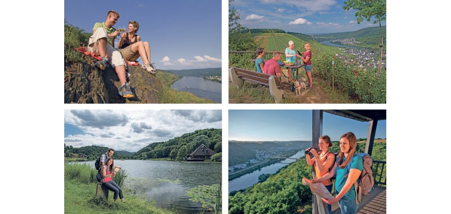So wie die Traumpfade „Rheingoldbogen“ (links oben) und „Waldseepfad Rieden“ (links unten) sowie die Traumpfädchen „Moseltraum“ (rechts oben) und „Niederfeller Schweiz“ (rechts unten) bieten alle Premiumwanderwege im Rhein-Mosel-Eifel-Land naturnahe Pfade mit Ausblicken und Ruhe entlang der Strecke.   