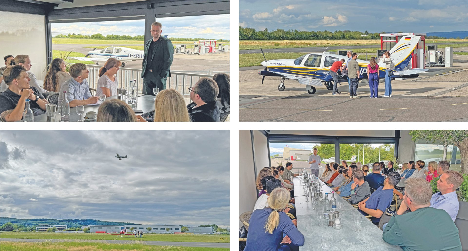 Im Uhrzeigersinn: Landrat Marko Boos (stehend) freute sich über die rege Teilnahme beim Netzwerktreffen der Medizinstudierenden. Diese konnten nicht nur aus der Luft erleben, wie schön und lebenswert MYK ist, sondern erhielten auch viele Tipps rund um das PJ im Kreis. Dabei bot der Flugplatz Winningen eine eindrucksvolle Kulisse. 
