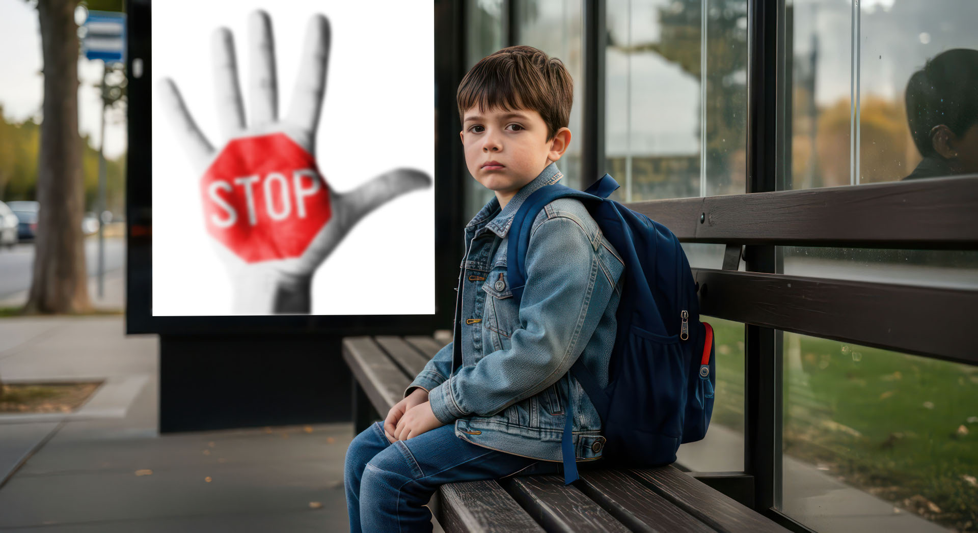 A Somber Wait: Lonely Boy with a Backpack at an Urban Bus Stop