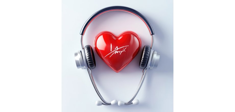 Heart health concept with headphones and red heart shape on whit