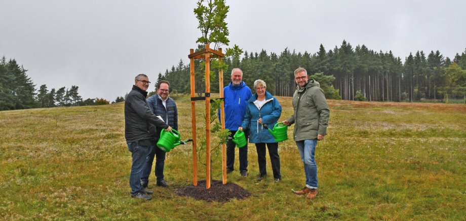 Dankbar über das Geschenk zu seinem Abschied zeigte sich Altlandrat Dr. Alexander Saftig (großes Foto, links) bei der Pflanzung einer Stiel-Eiche in der Wacholderheide. Gemeinsam mit ihm freuten sich (von rechts) Landrat Marko Boos, Dagmar Menges, Leiterin der Abteilung Umwelt, Klima und Bauen, Albrecht Diefenbach von der Firma Mallmann Floristik aus Mendig sowie der Erste Kreisbeigeordnete Pascal Badziong. Dankbar über das Geschenk zu seinem Abschied zeigte sich Altlandrat Dr. Alexander Saftig (großes Foto, links) bei der Pflanzung einer Stiel-Eiche in der Wacholderheide. Gemeinsam mit ihm freuten sich (von rechts) Landrat Marko Boos, Dagmar Menges, Leiterin der Abteilung Umwelt, Klima und Bauen, Albrecht Diefenbach von der Firma Mallmann Floristik aus Mendig sowie der Erste Kreisbeigeordnete Pascal Badziong.