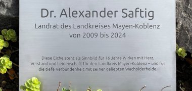 Merklich stolz war Dr. Saftig zudem auf die Inschrift der Plakette (links), die auf sein Wirken in MYK aufmerksam macht und demnächst unmittelbar vor der Eiche angebracht wird. 