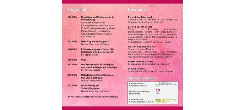 Gesundheitsamt Mayen-Koblenz lädt zu
Info-Veranstaltung zum Thema Brustkrebs
Gesundheitsamt Mayen-Koblenz lädt zu Info-Veranstaltung zum Thema Brustkrebs