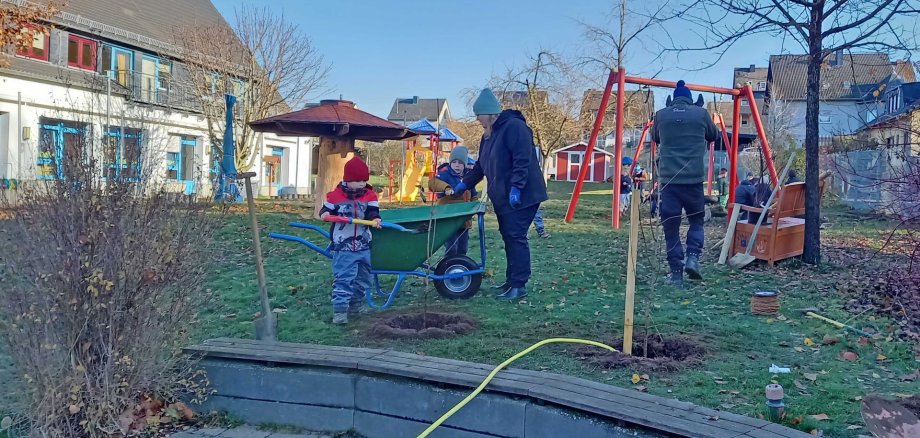 Eltern, Erzieher, Hausmeister und Kita-Kinder beteiligten sich gemeinsam an der Pflanzaktion in der Kita St. Martin in Ochtendung. Auf den Freiflächen entstanden Spiel- und Schattengebüsche, ergänzt durch eine Sonnen- und Sichtschutzhecke sowie einen gespendeten Apfelbaum.  