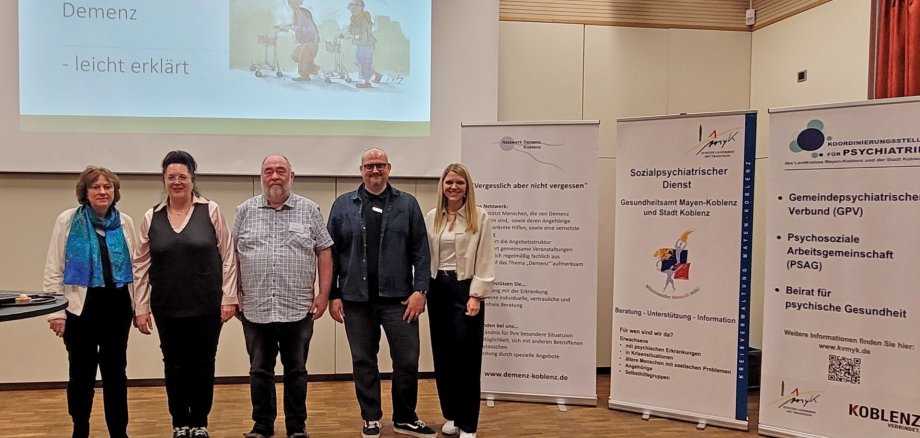 Ursula Wolff-Krieger (Netzwerk Demenz Koblenz), Nadja Hebert (Demenzberaterin und Referentin), Uwe Baumann (Netzwerk Demenz Koblenz), Fabian Schmidt (Sozialpsychiatrischer Dienst), Meike Koch (Koordinierungsstelle für Psychiatrie). 