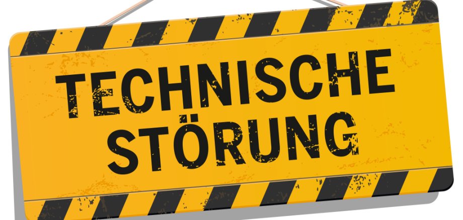 gelbes Schild Bauschild technische störung schräg hängend
